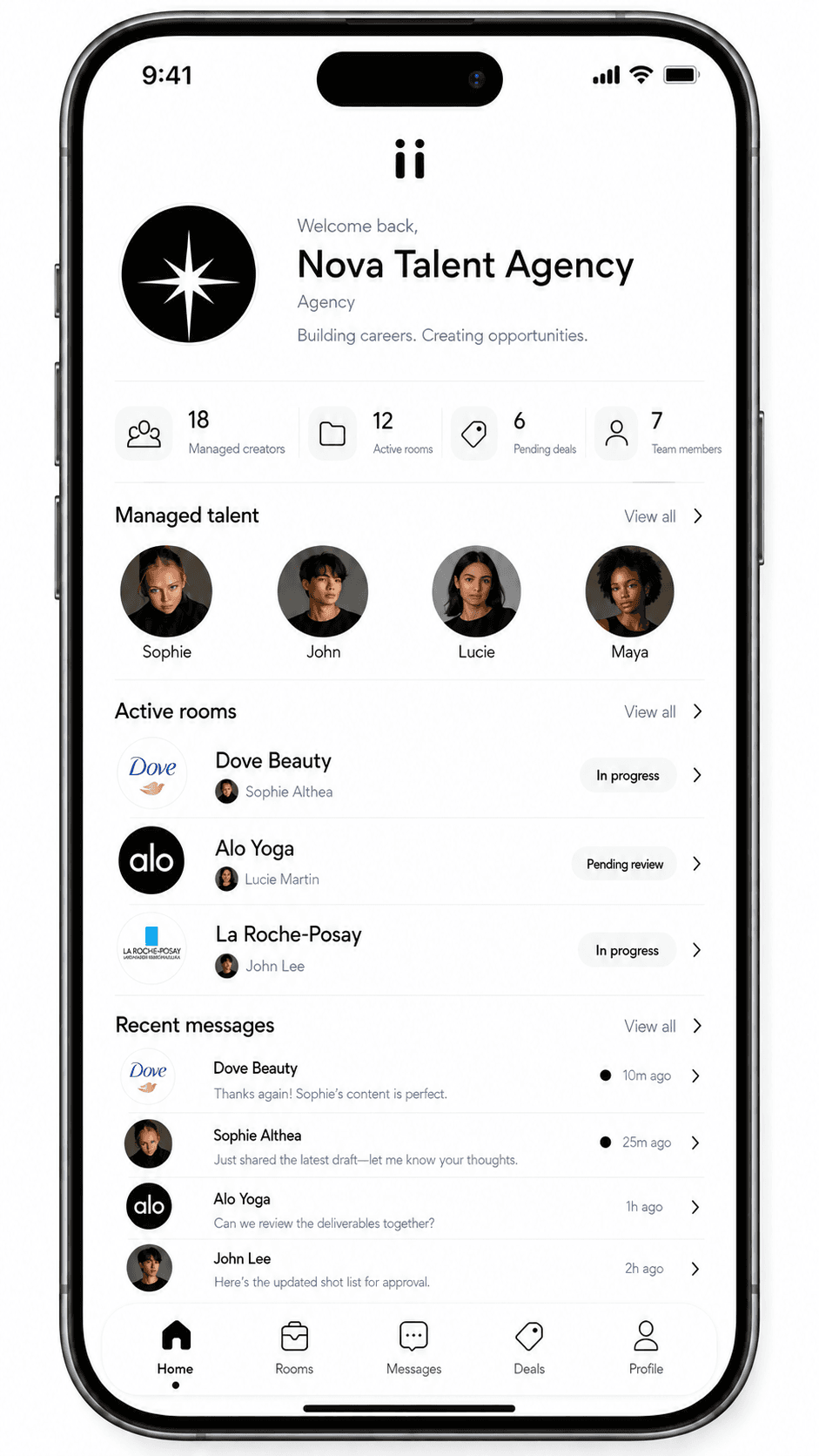 Riink agency app home screen for Nova Talent Agency.