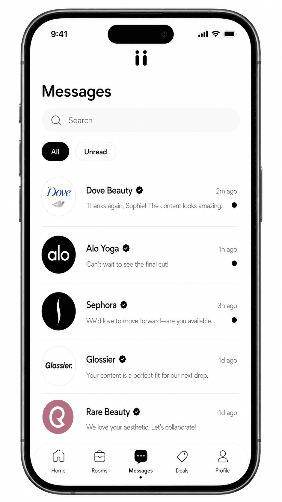 Riink creator app messages screen with verified brand conversations.