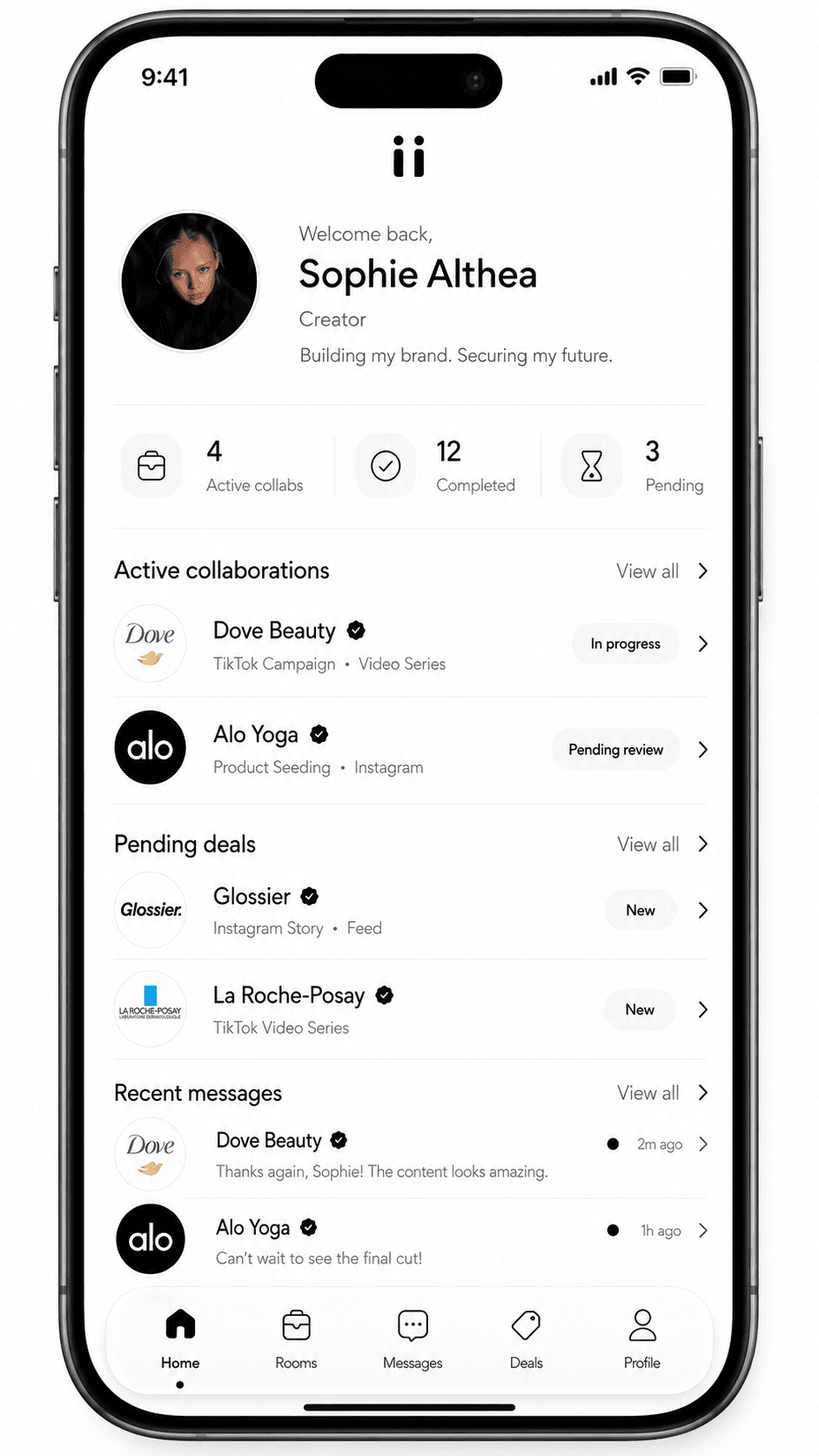 Riink creator app home screen with active collaborations.