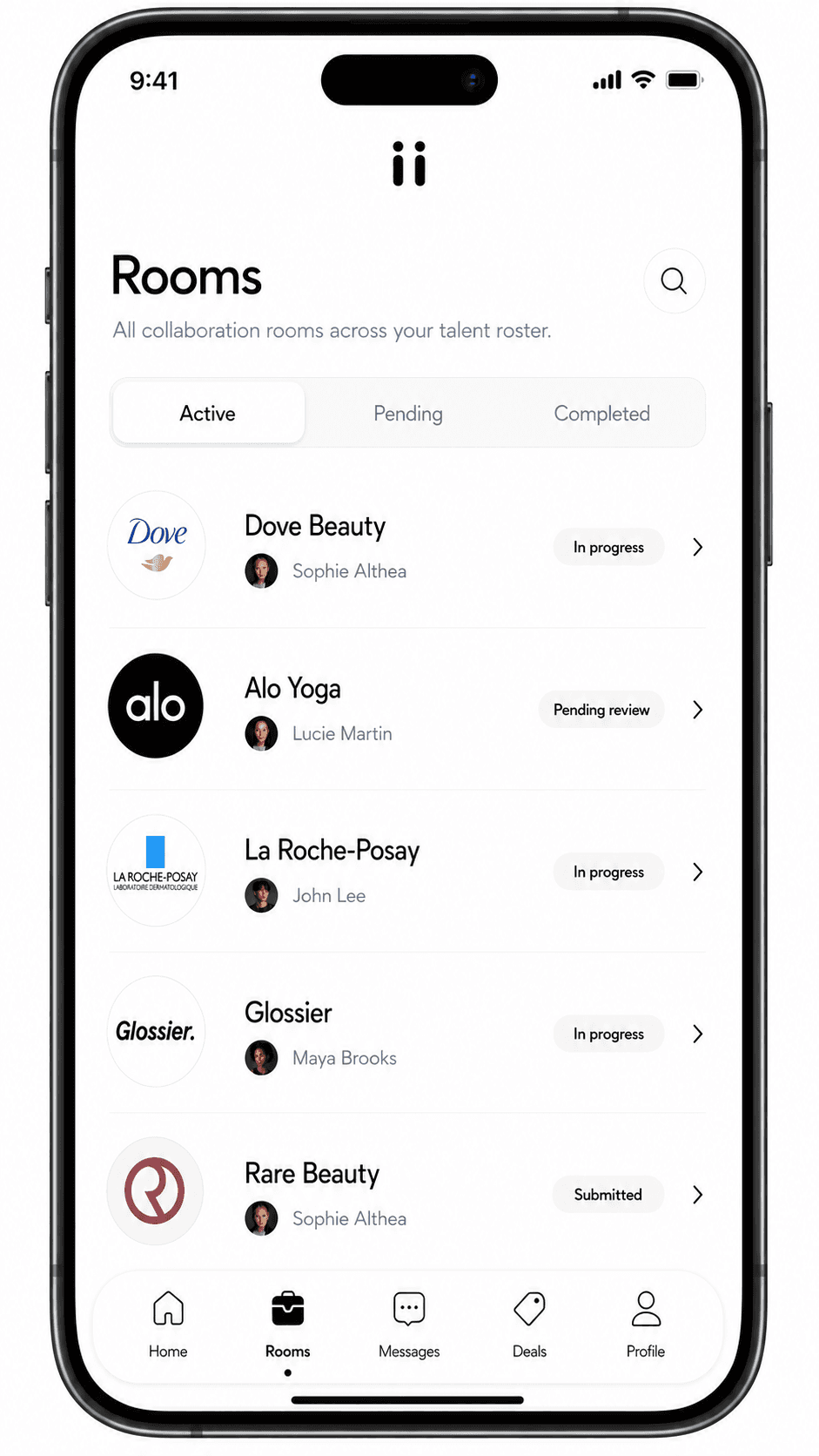 Riink agency app rooms screen with active creator collaborations.