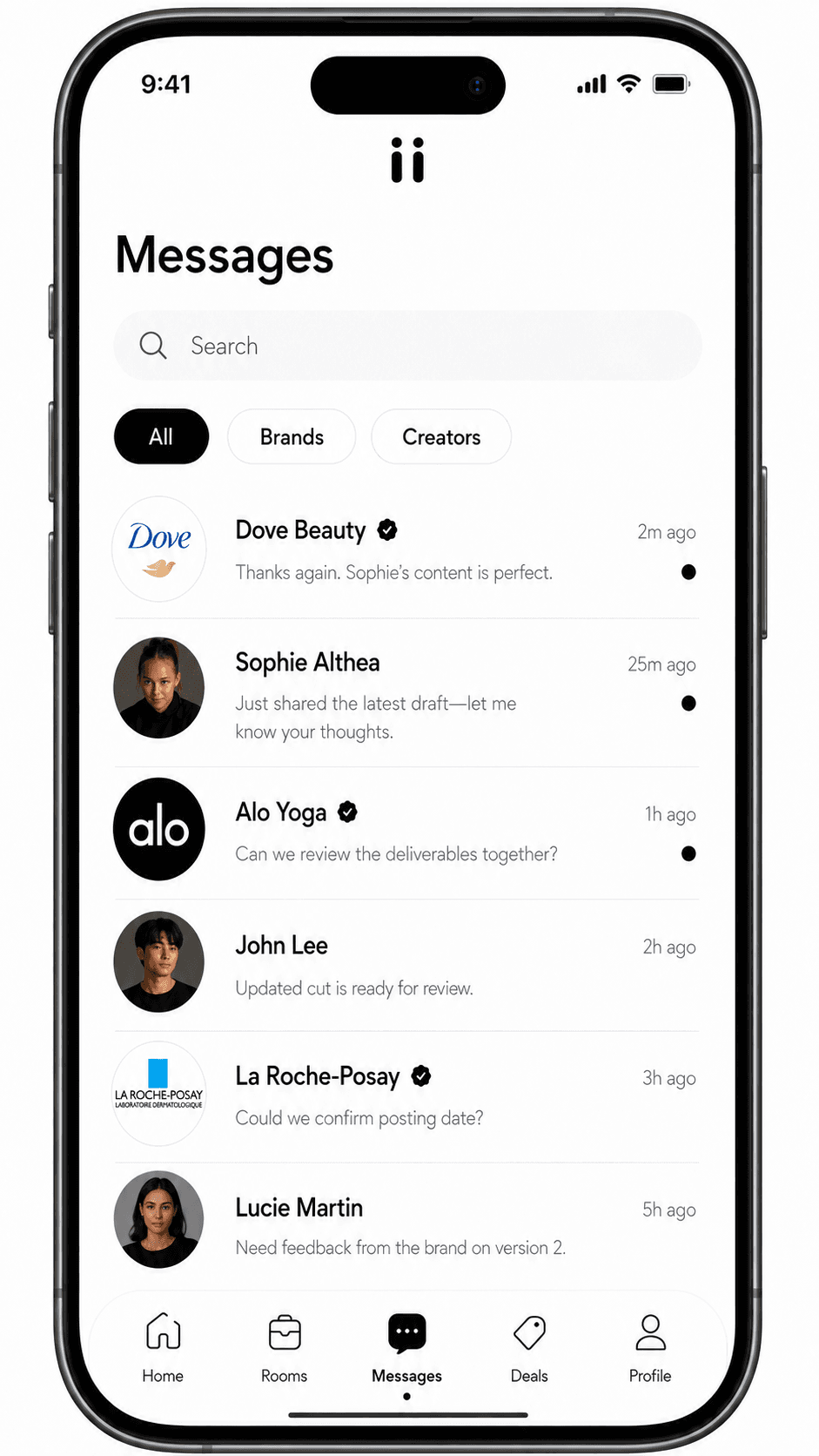 Riink agency app messages screen with brands and creators.