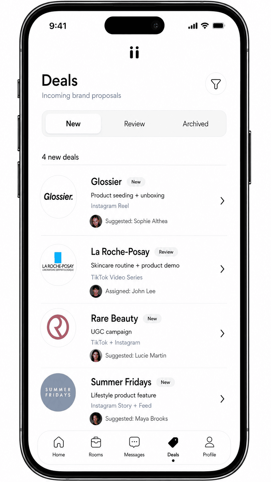 Riink agency app incoming brand deal proposals screen.