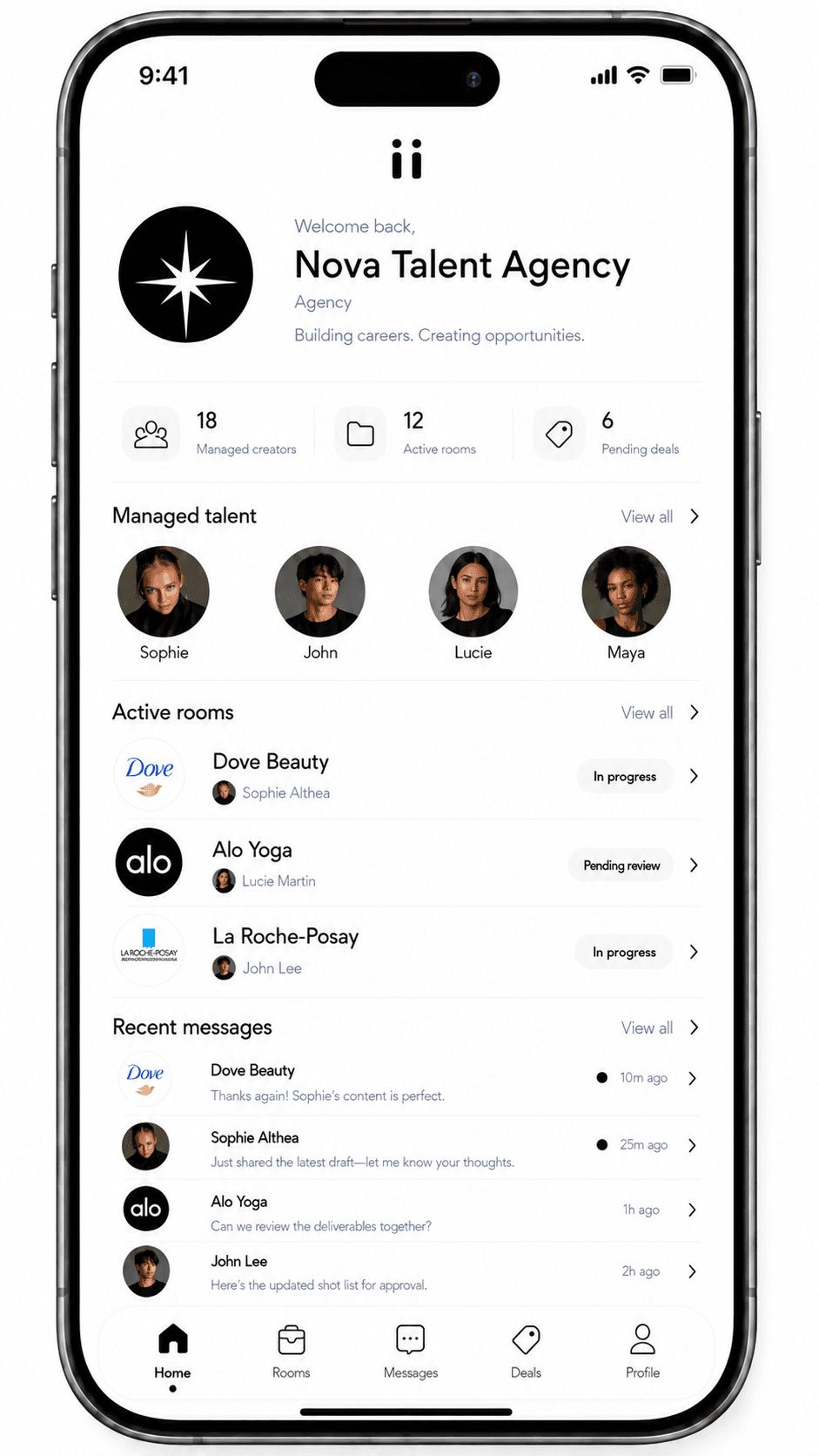 Riink agency app dashboard with managed talent and active rooms.