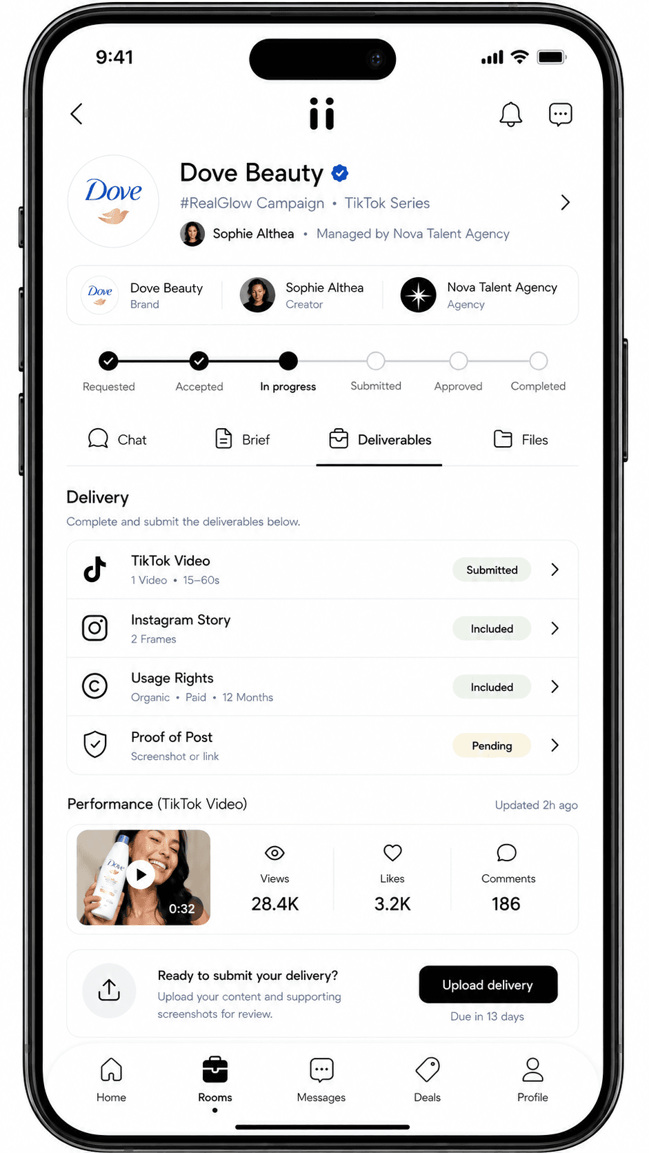 Riink agency app collaboration room detail with review tabs and status.