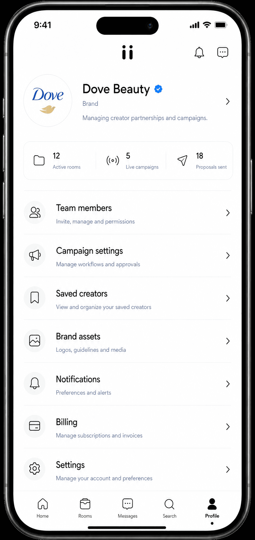 Riink brand app profile and brand settings screen.