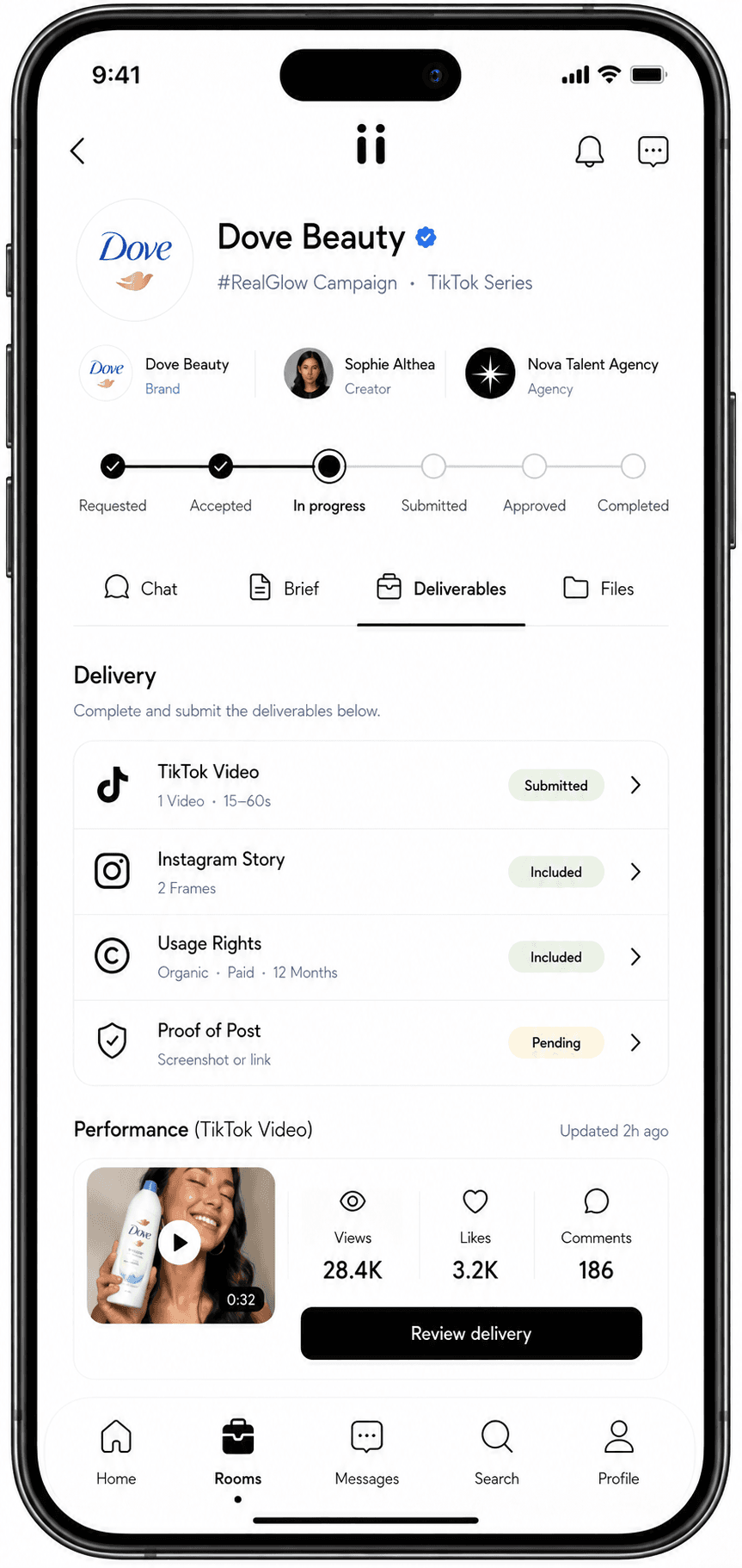 Riink brand app collaboration room detail with review tabs and campaign status.