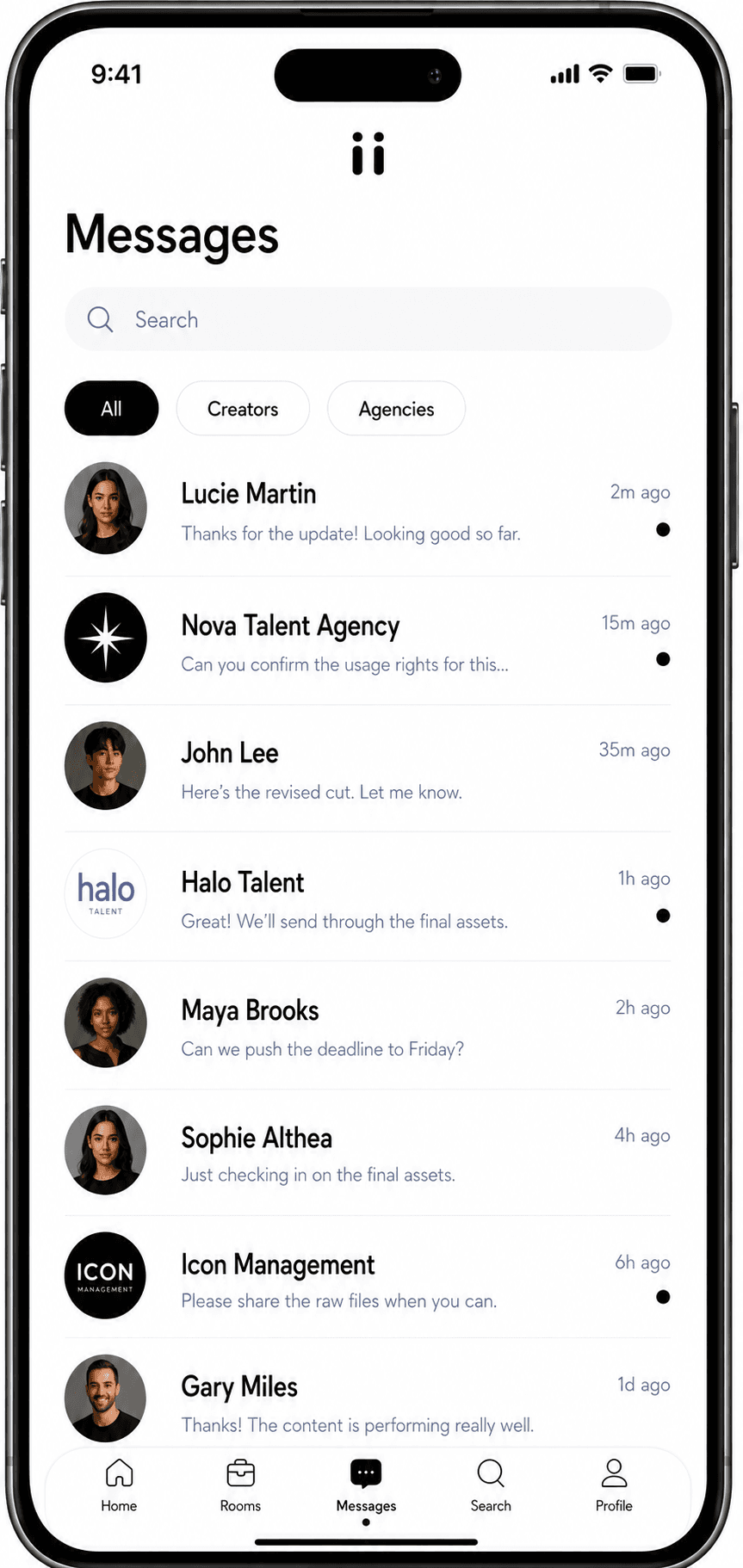 Riink brand app messages screen with creators and agencies.