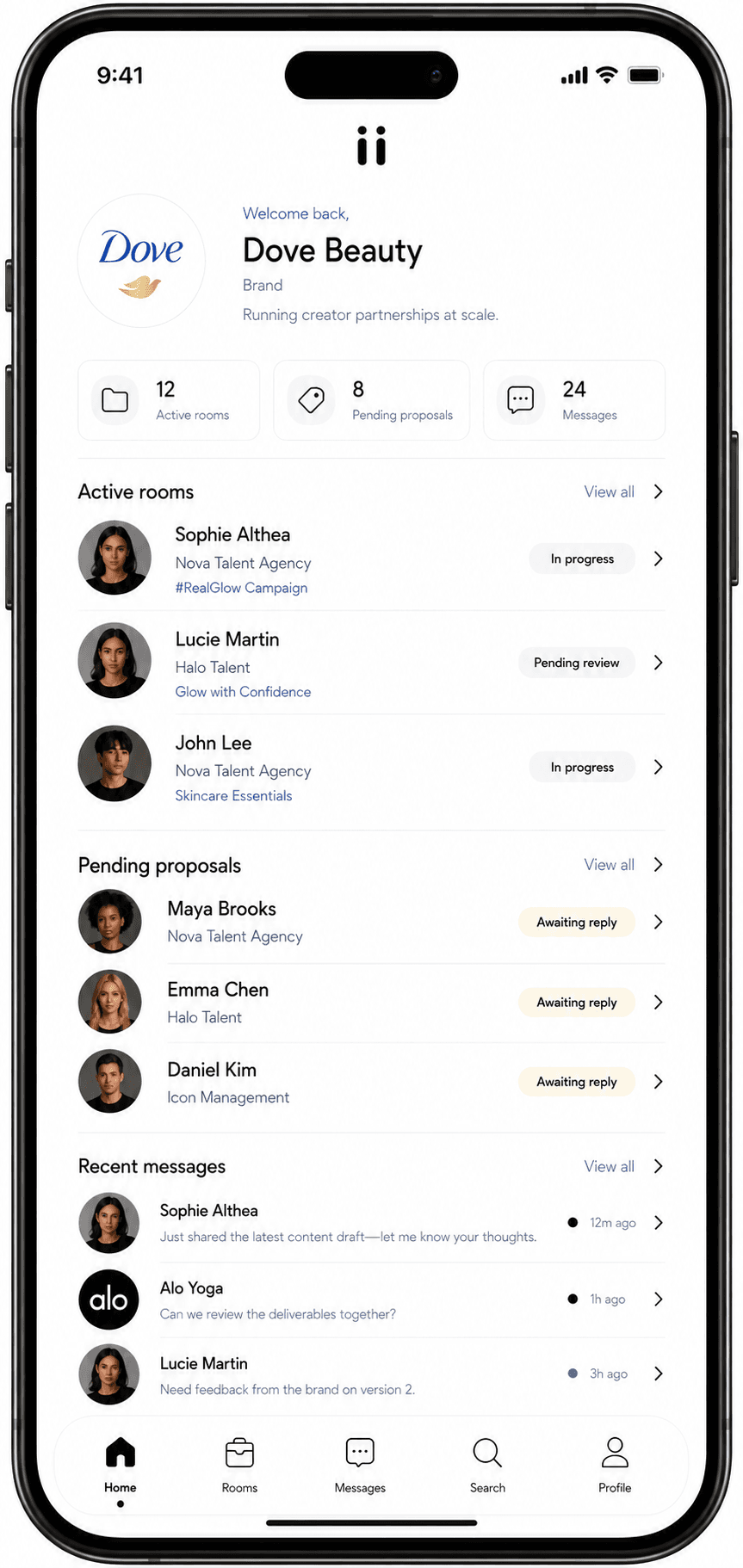 Riink brand app home screen with active rooms and pending proposals.
