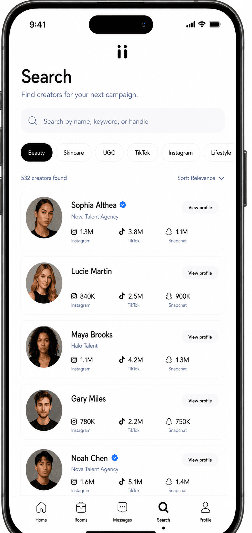 Riink brand app creator search screen.
