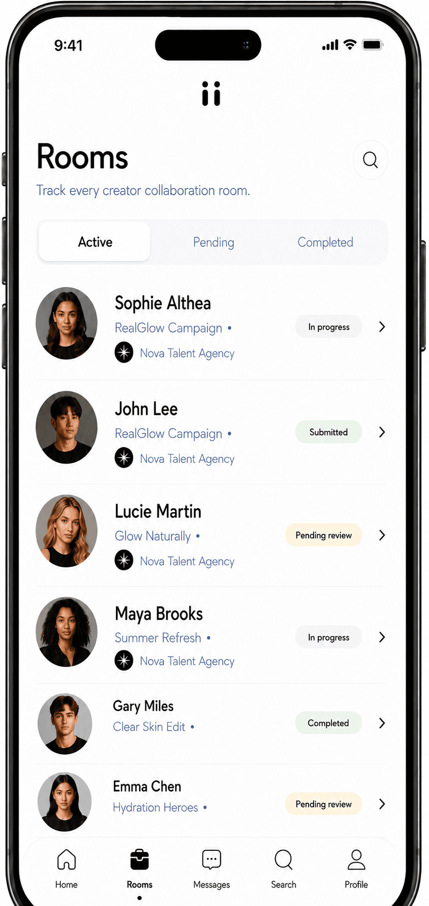Riink brand app rooms screen with active creator collaborations.